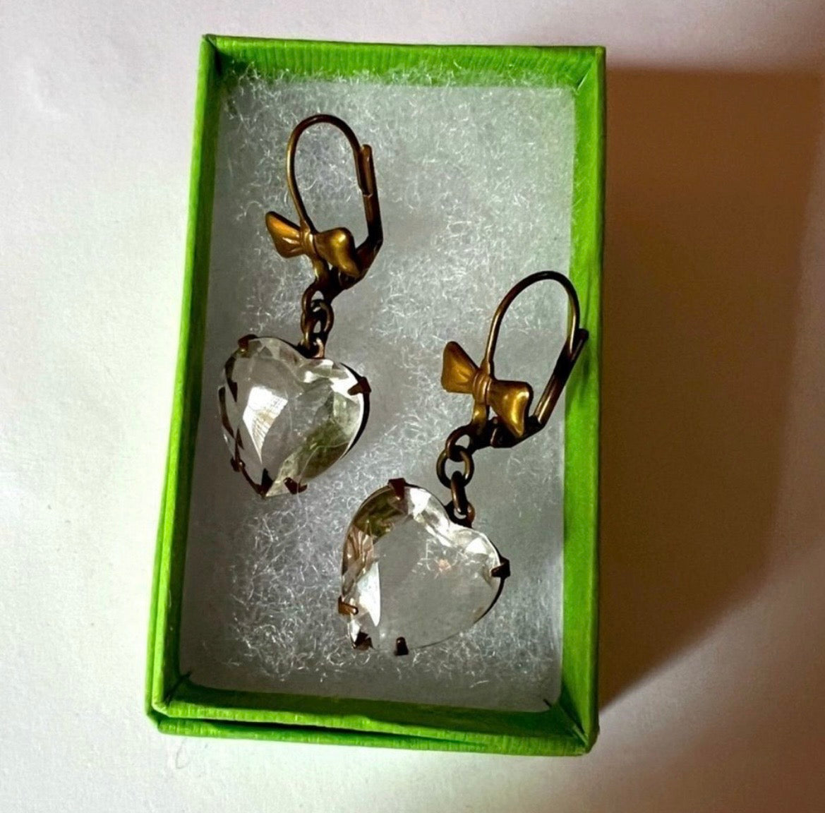 Elegant Vintage Handmade Brass Heart Rhinestone Earrings