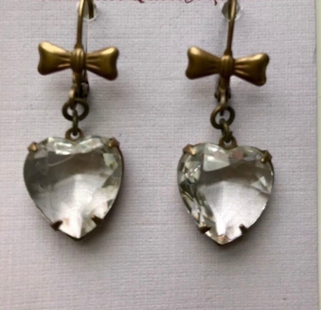 Elegant Vintage Handmade Brass Heart Rhinestone Earrings