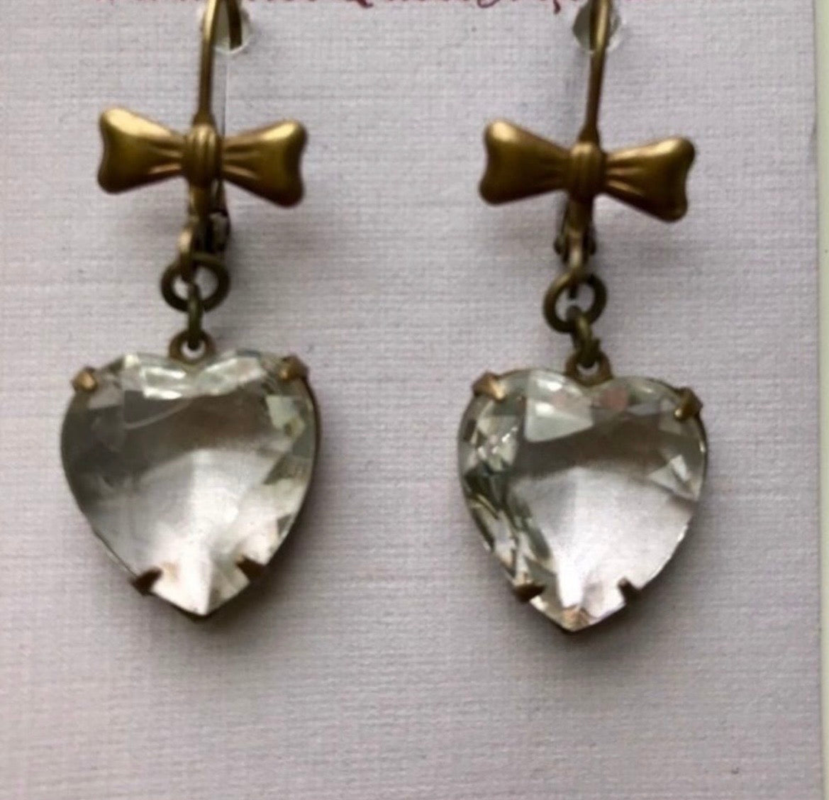 Elegant Vintage Handmade Brass Heart Rhinestone Earrings
